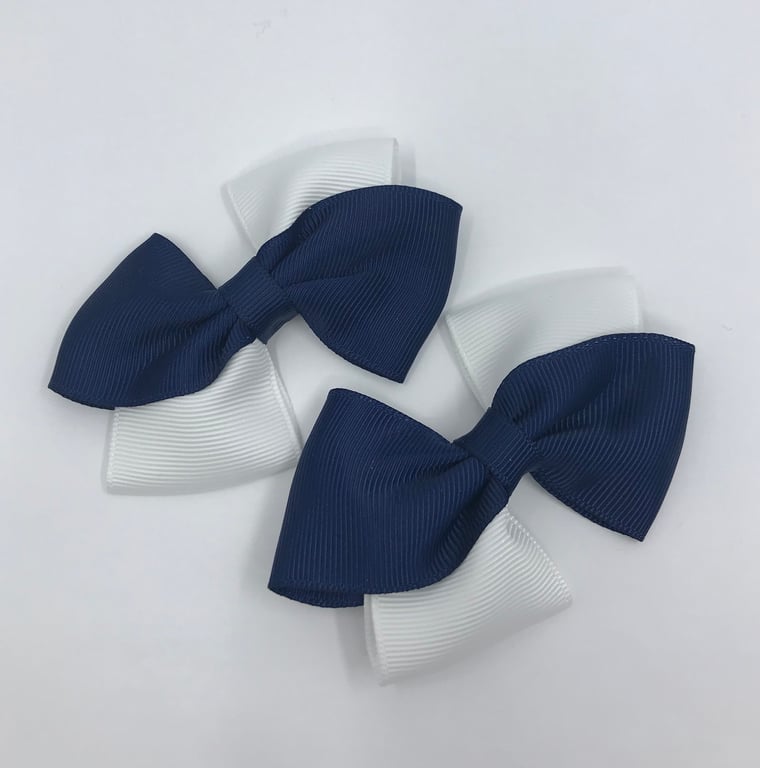 Navy and White Diagonal Double with Bows on Clips (pair)