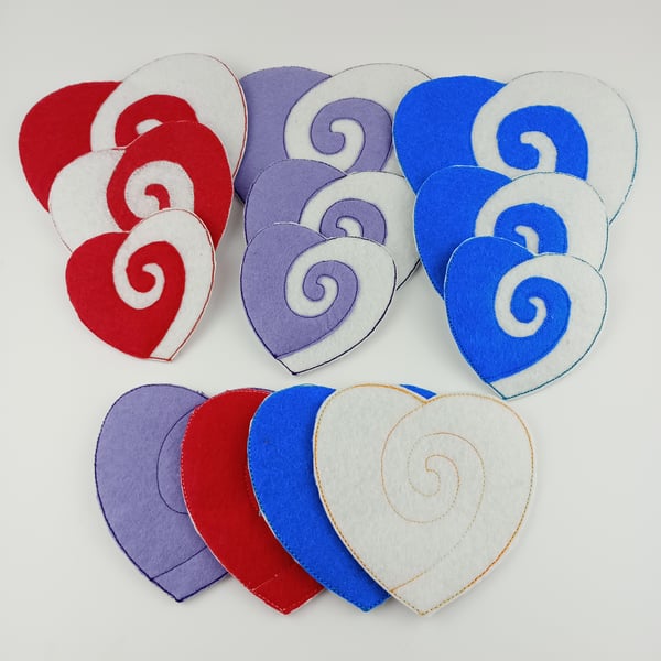 13 Felt Swirly Hearts in 3 different sizes - Felt Craft Supplies