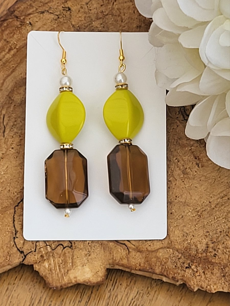Seriously chunky lime green and amber dangle earrings
