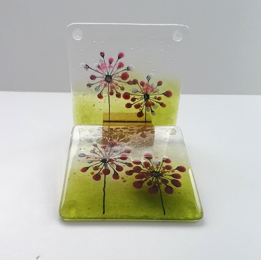 Allium coasters, purple floral mug mats, set of two fused glass coasters, gift f