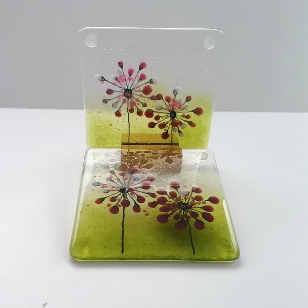Allium coasters, purple floral mug mats, set of two fused glass coasters, gift f