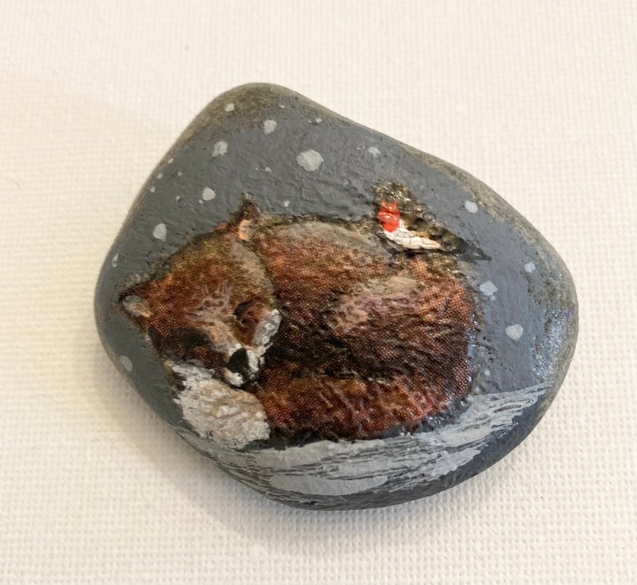 Sleepy Little Fox & Robin Rock Art Stone Fox Ornament Fox Paperweight