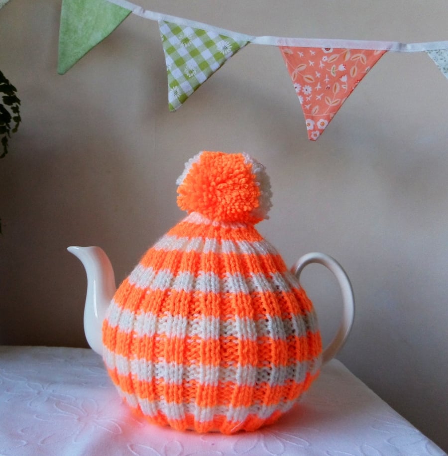 Orange and Cream Tea Cosy - 4 cup pot with bobble
