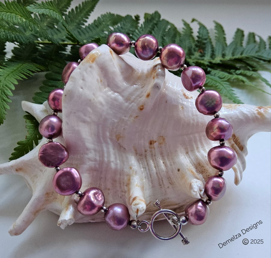 Large 10mm  Deep Pink Quality Borgue Freshwater Pearl Sterling Silver Bracelet
