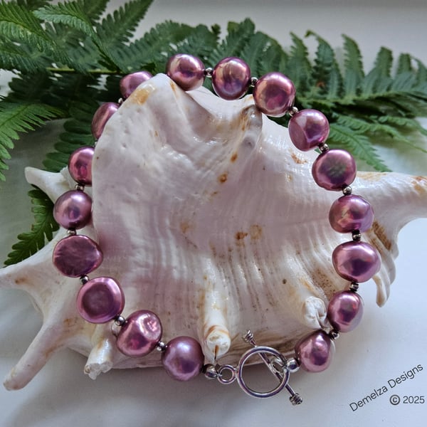 Large 10mm  Deep Pink Quality Borgue Freshwater Pearl Sterling Silver Bracelet