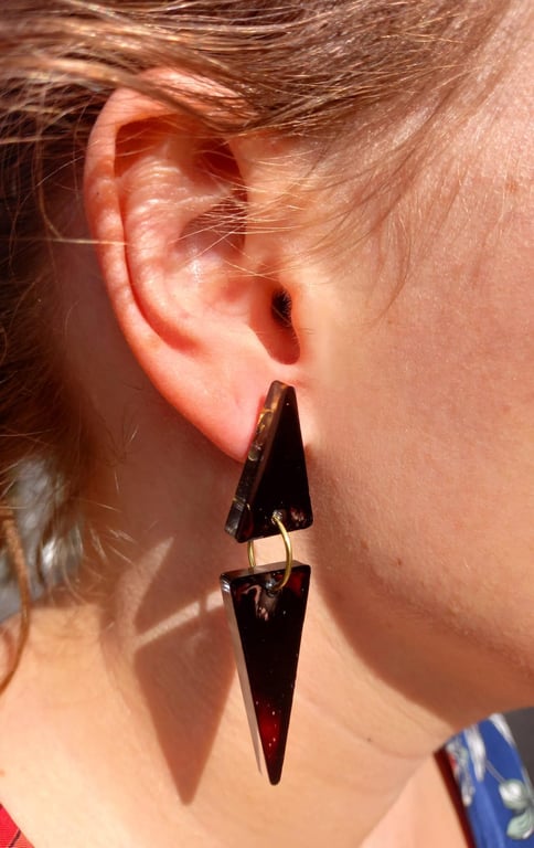 Large Funky Dark and Stormy Red and Black Triangle Stud Earrings