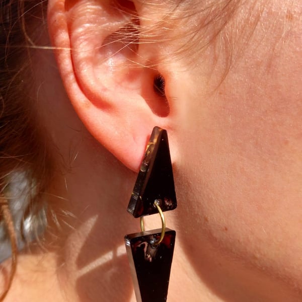 Large Funky Dark and Stormy Red and Black Triangle Stud Earrings