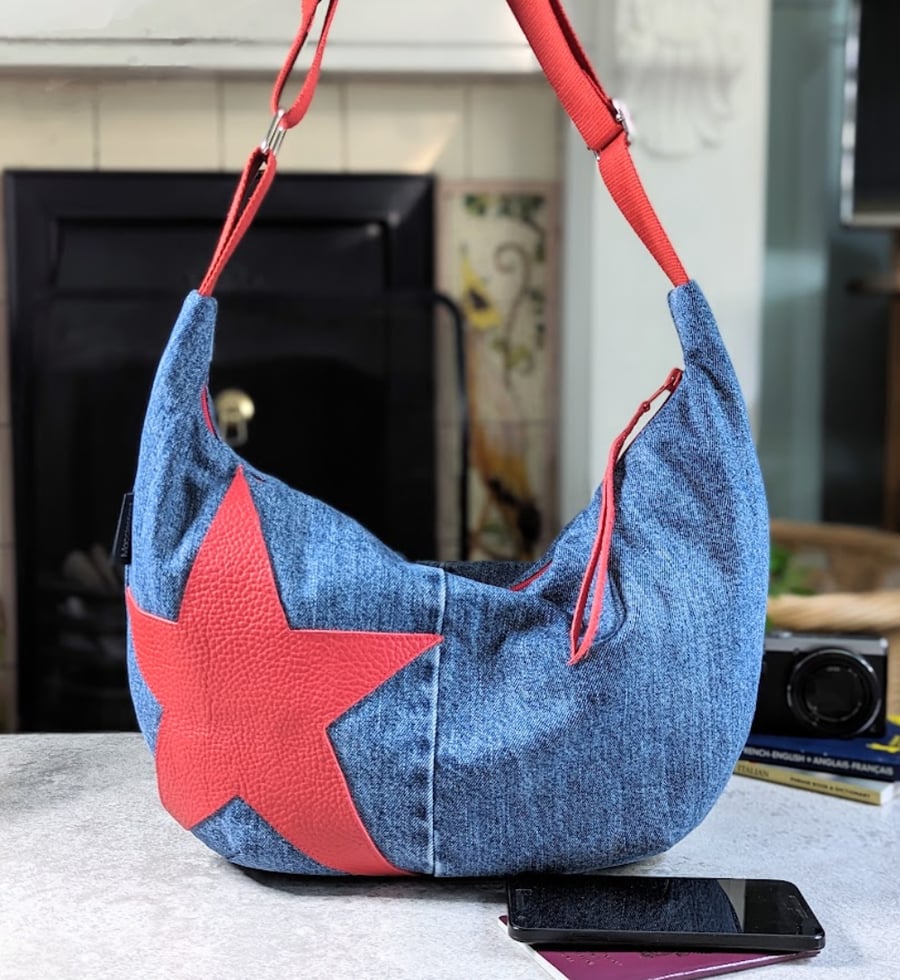 Denim Bag - Cross Body Sling or Dumpling Bag with Red Leather Star (P&P inc)