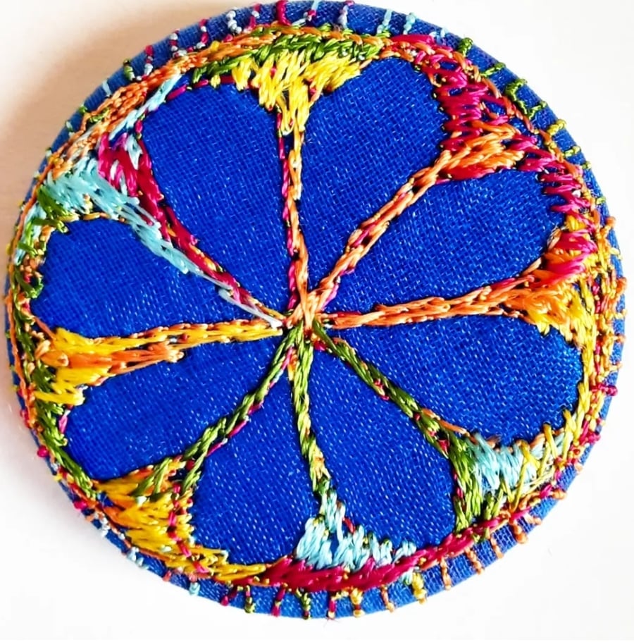 38mm Badge Hand Dyed Fabric Floral badge with Free Machine Embroidery 