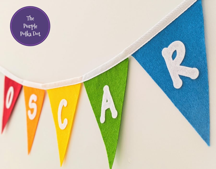 Personalised rainbow bunting handmade from wool blend felt