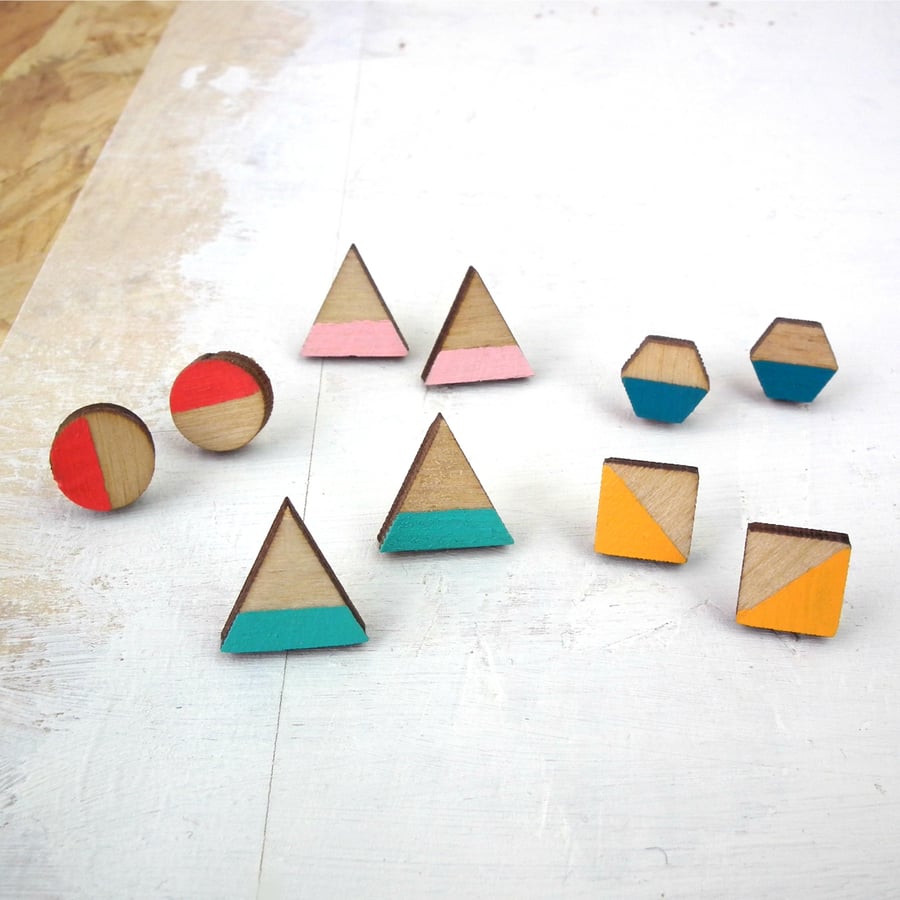Geometric Wooden Stripe Stud Earrings