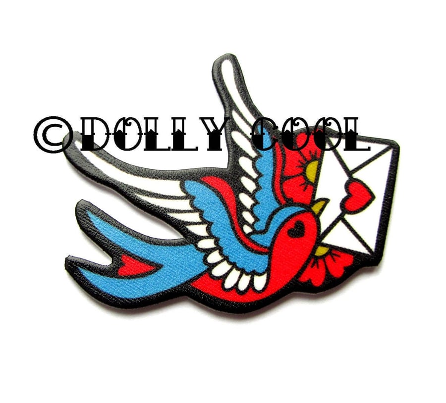Swallow Brooch Tattoo Style with Love Letter by Dolly Cool. Old School Flash
