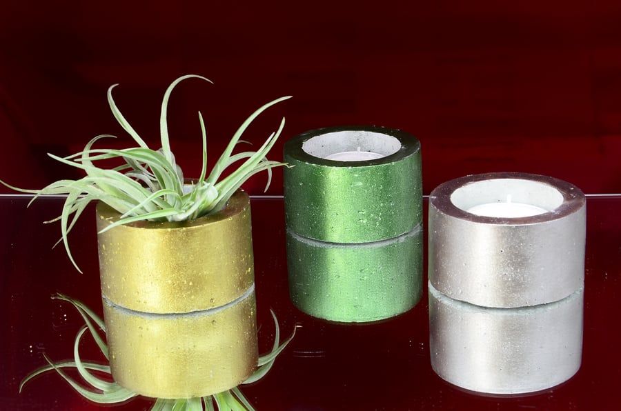 Set of 3 Round Handmade Concrete Tea Light, Air Plant Holders-Bronze,Green,Mink