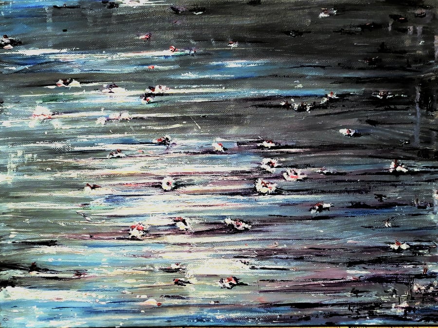 Abstract Lake Painting with Flowers, Acrylics on Canvas, 40 x 30cm, Serenity.