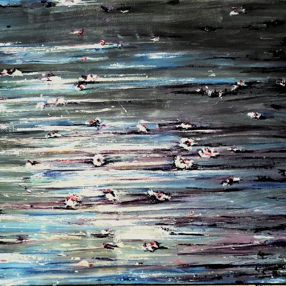 Abstract Lake Painting with Flowers, Acrylics on Canvas, 40 x 30cm, Serenity.