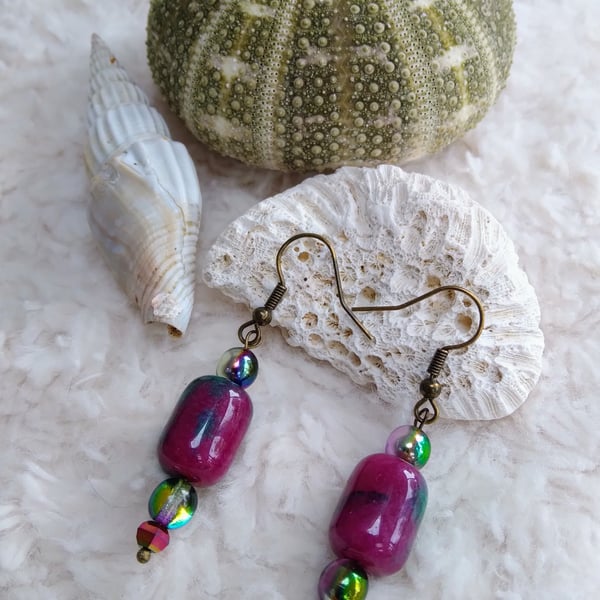 RUBY IN ZOISITE gemstone on bronze earrings