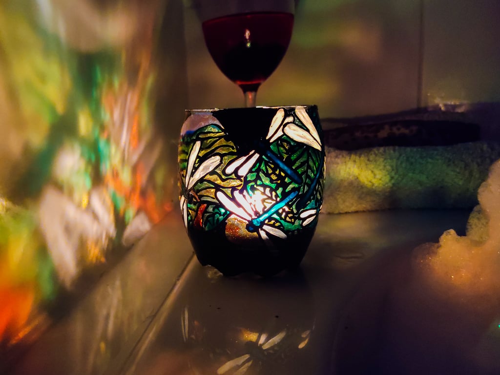 Stained glass effect painted glass candleholder with dragonflies in green