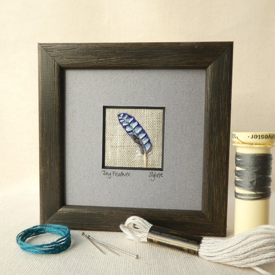 Jay Feather, hand stitched picture