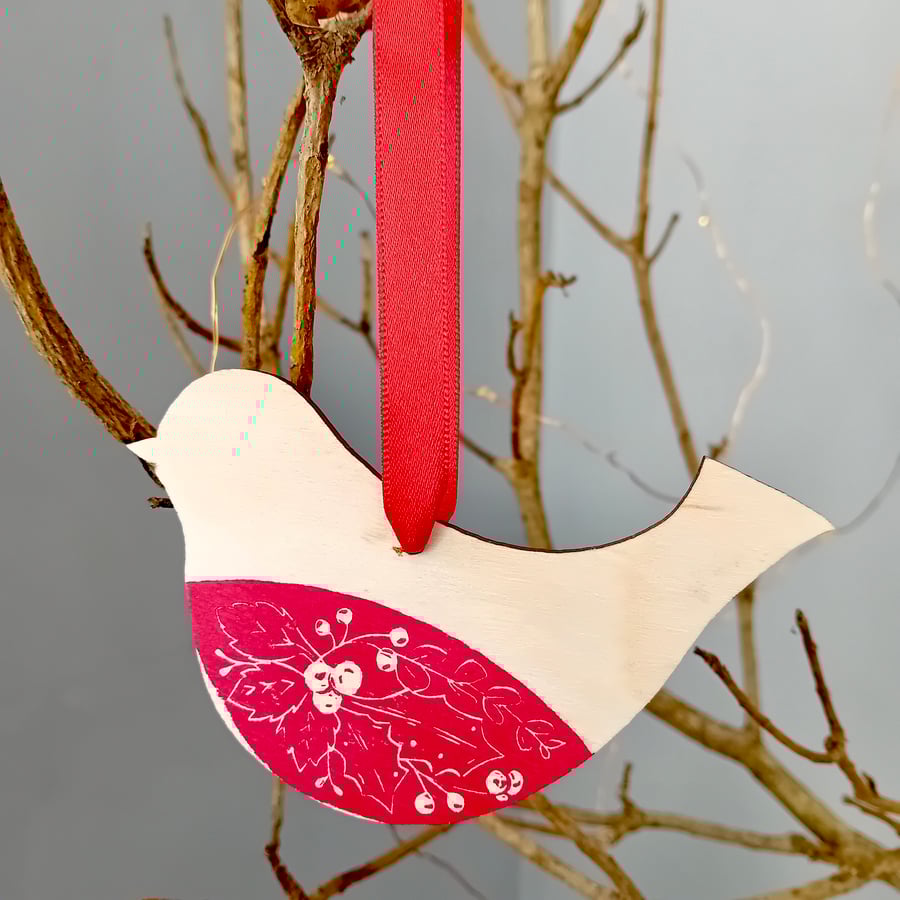 Wooden Hanging Robin -Christmas tree decoration, bird Christmas ornament, nordic