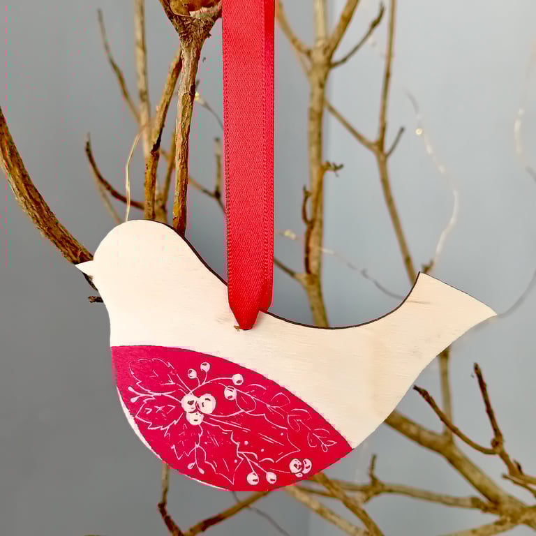 Wooden Hanging Robin -Christmas tree decoration, bird Christmas ornament, nordic