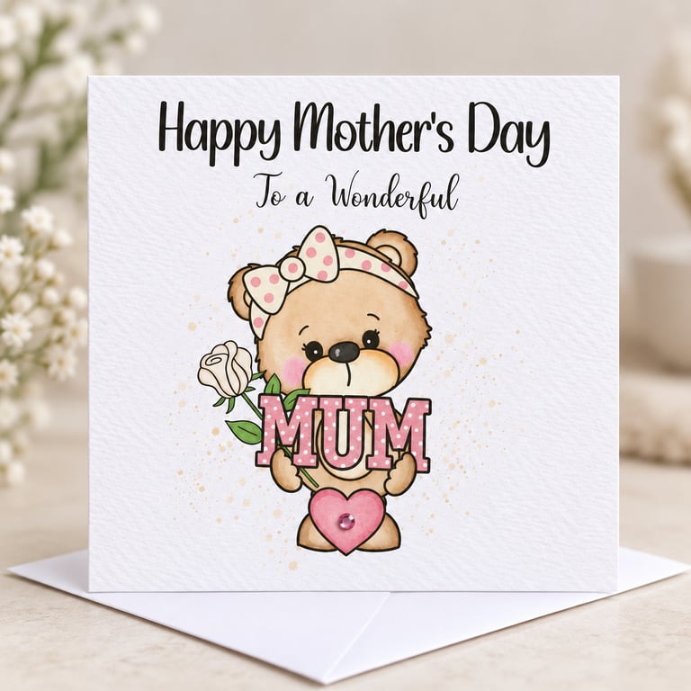 Mothers Day Personalised Card for Mum Happy Mothers Day Pretty Pink Heart Teddy 