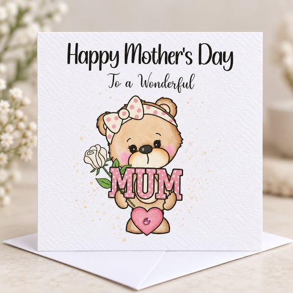Mothers Day Personalised Card for Mum Happy Mothers Day Pretty Pink Heart Teddy 