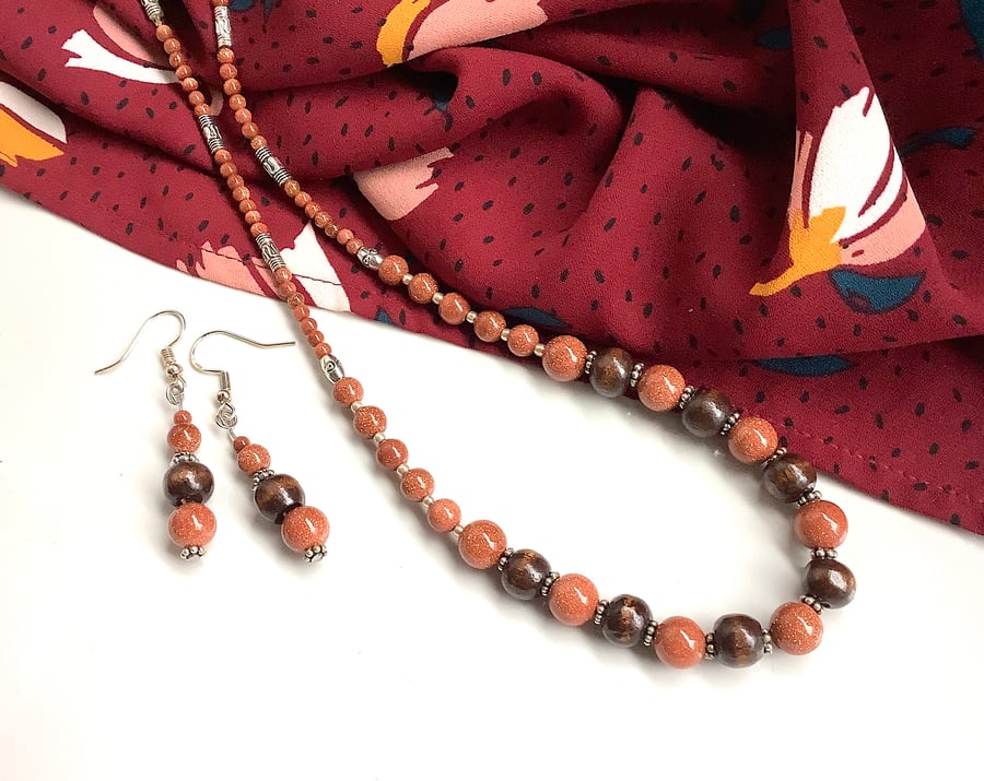 Goldstone choker necklace and earrings, up cycled vintage and new beads