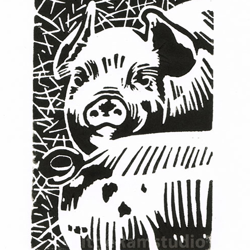 British Lop Piglets - Original Hand Pulled Linocut Print