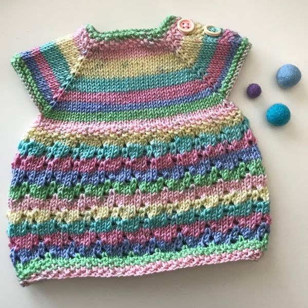 Hand Knitted summer dress in pastel rainbow yarn Preemie Doll