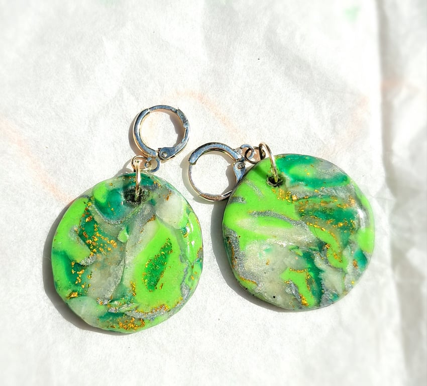 Funky pair of circled polymer clay green, white and gold leaf earrings