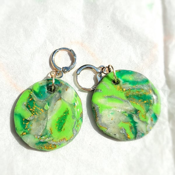 Funky pair of circled polymer clay green, white and gold leaf earrings