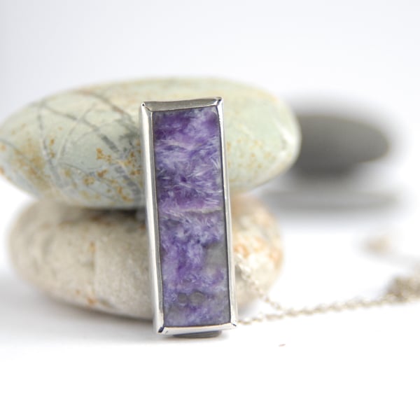 SALE - Purple charoite and sterling silver modern pendant