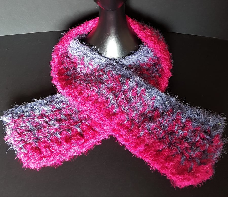 Dark Pink and Grey Chunky Crochet Scarf