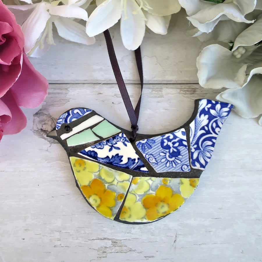 Mosaic Bird Wall Art, Handmade Vintage Blue Tit Ornament