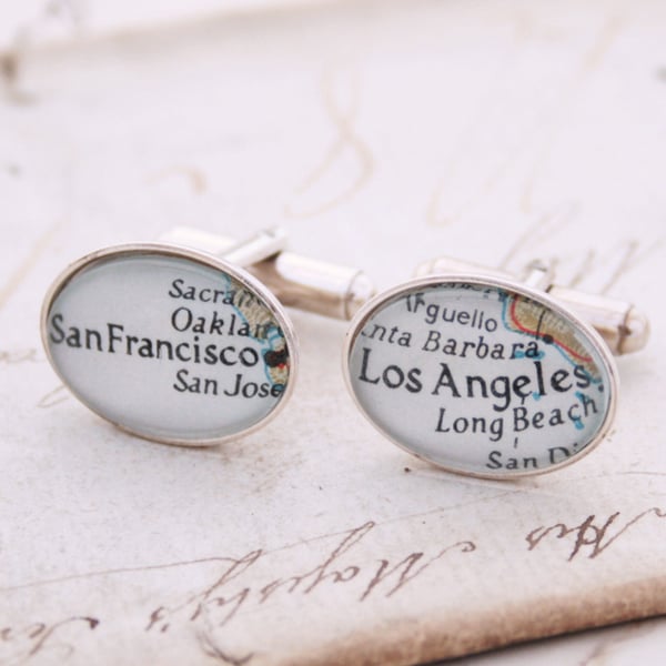 Personalized Cufflinks with Map Location Oval Sterling Silver Custom Cufflinks