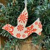 Snowy white dove (red) ceramic Christmas decoration