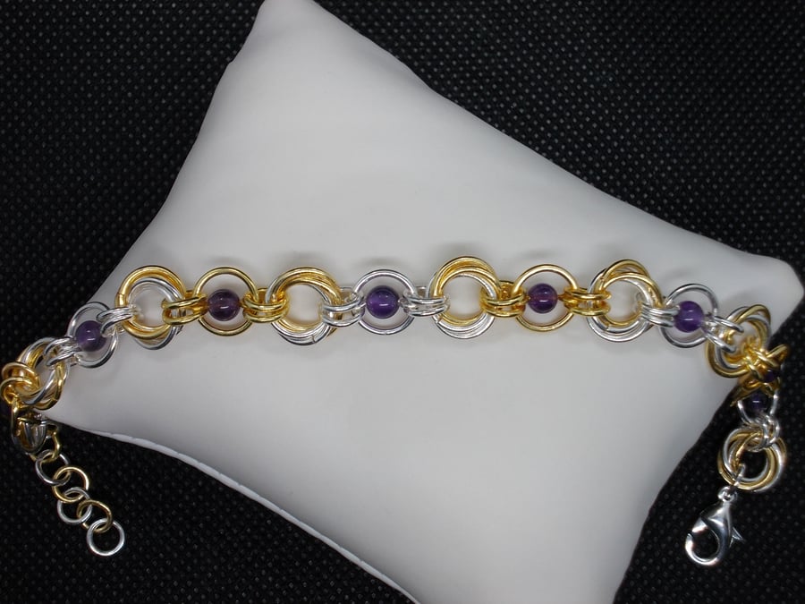 SALE - Two tone chainmaille bracelet with amethyst