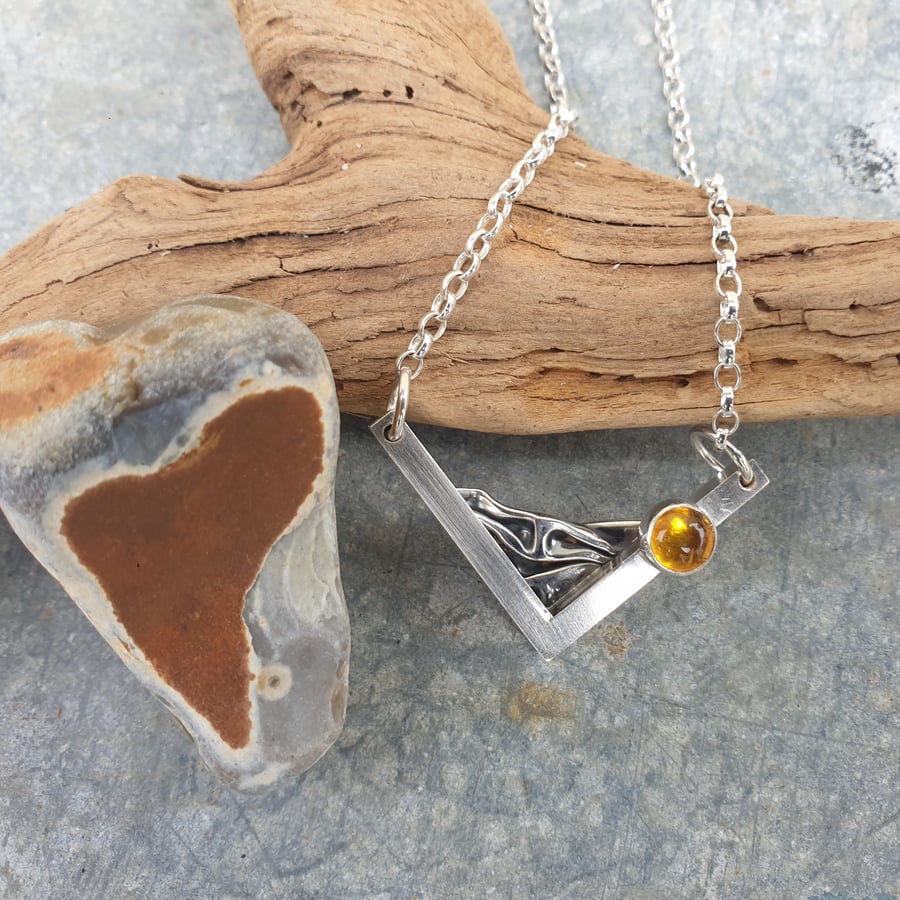 Silver beach coastal pendant with amber