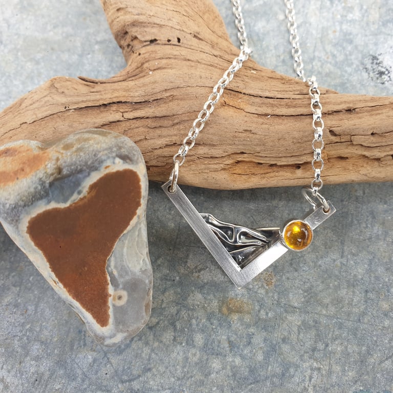 Silver beach coastal pendant with amber