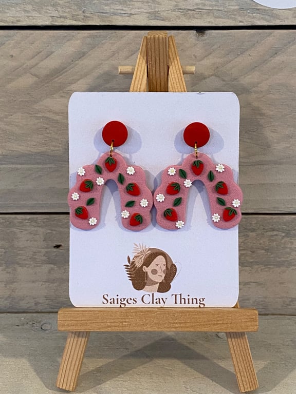 Strawberry Earrings with tiny white daisies
