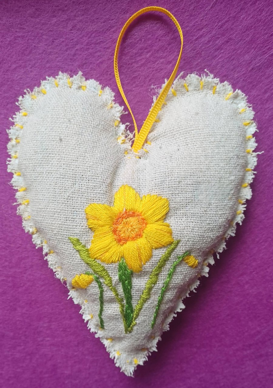 Hand Embroidered Daffodil Lavender Heart Hanging 