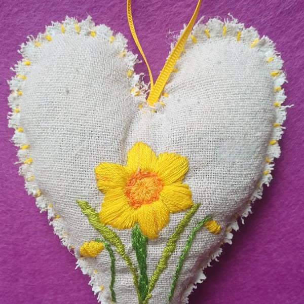 Hand Embroidered Daffodil Lavender Heart Hanging 