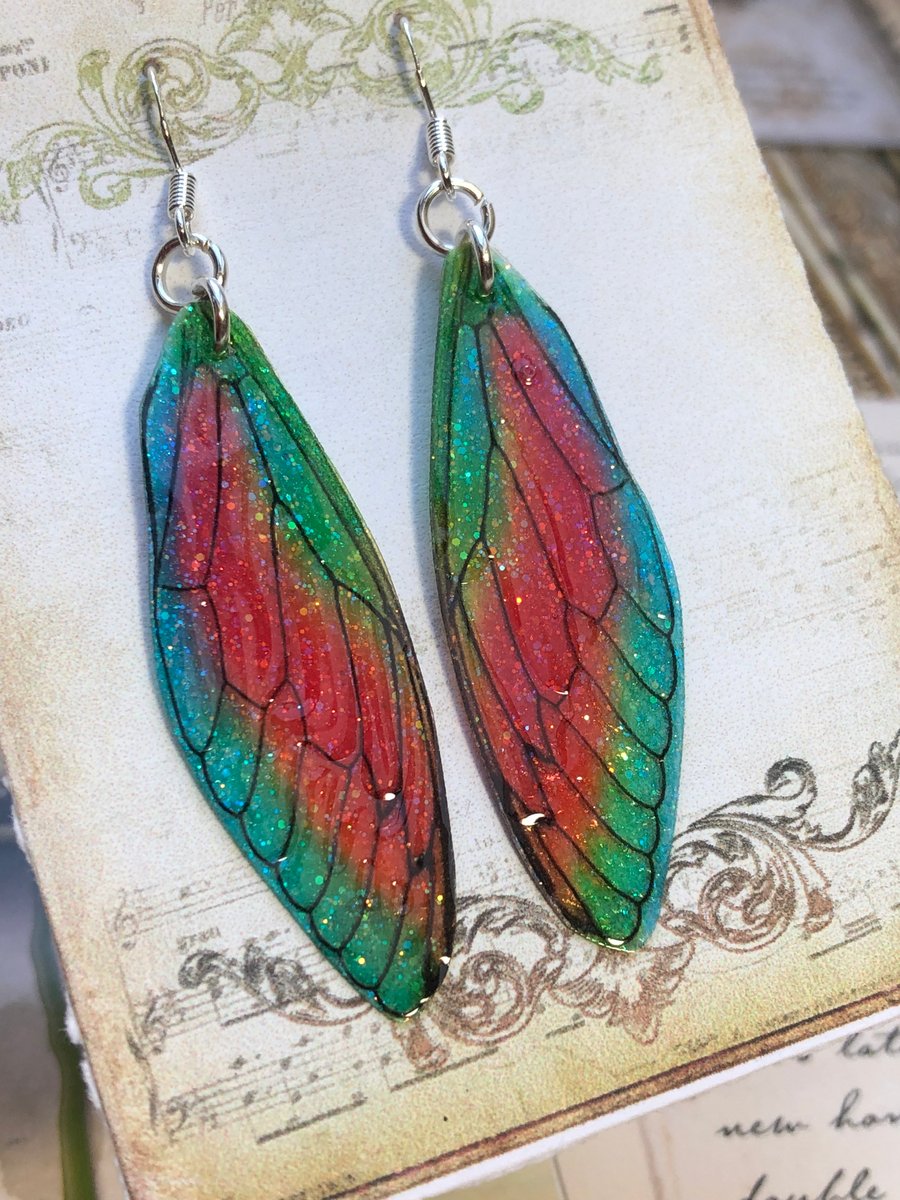 Brightly Coloured Fairy Wing Sterling Silver Earrings