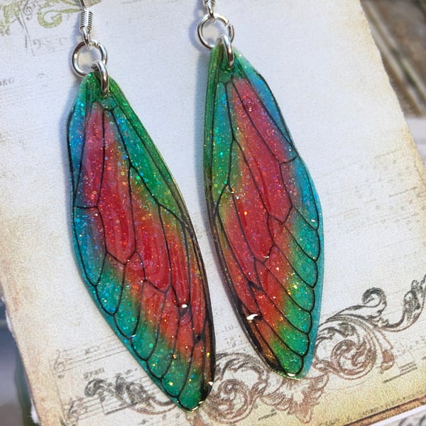 Brightly Coloured Fairy Wing Sterling Silver Earrings
