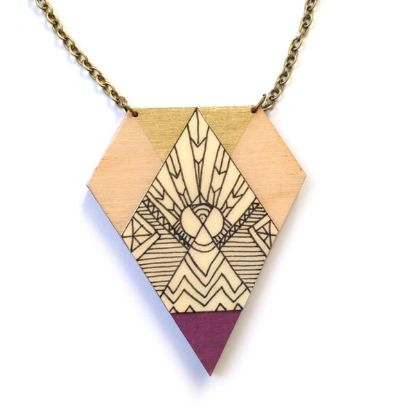 Illustrated Gold and Berry Purple Wooden Tribal Kite Necklace 