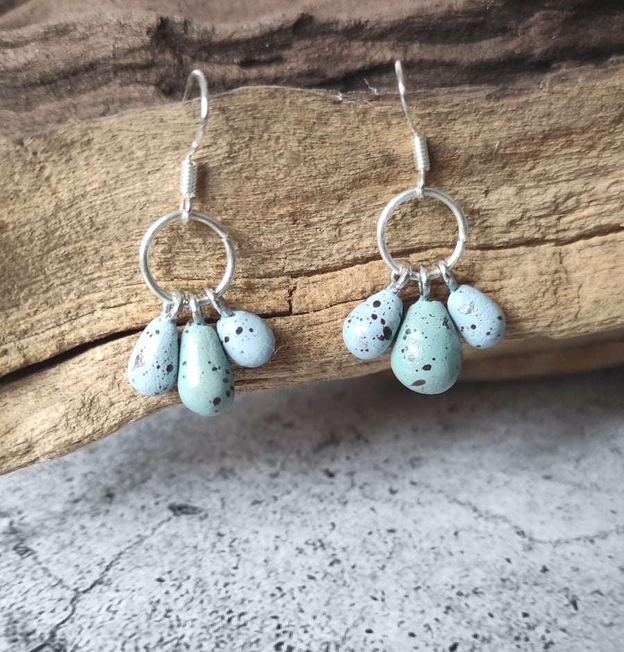 Tiny Bird Egg Earrings, Handmade Clay Speckled Eggs, Pastel Green or Blue