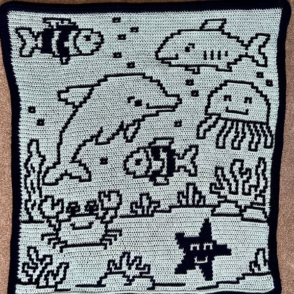Handmade Crochet Under the Sea Blanket – Navy & Duck Egg