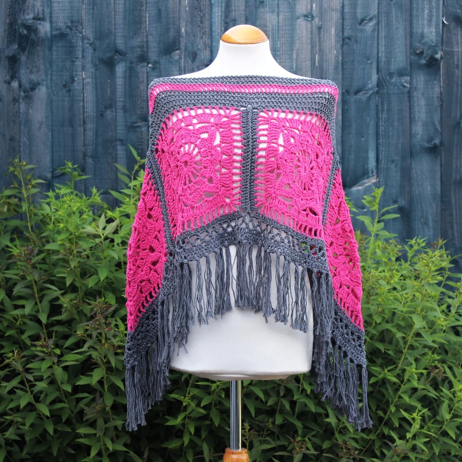 Hot Pink & Dark Grey Crochet Poncho - Design A542