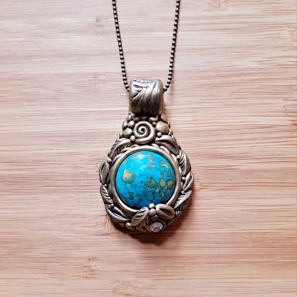 Mojave Turquoise Crystal and Polymer Clay Amulet Pendant 