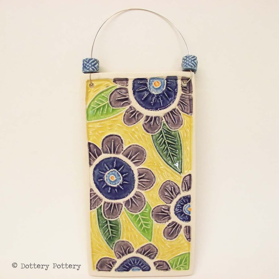 Ceramic wall plaque Pottery Tile Flower design lino cut